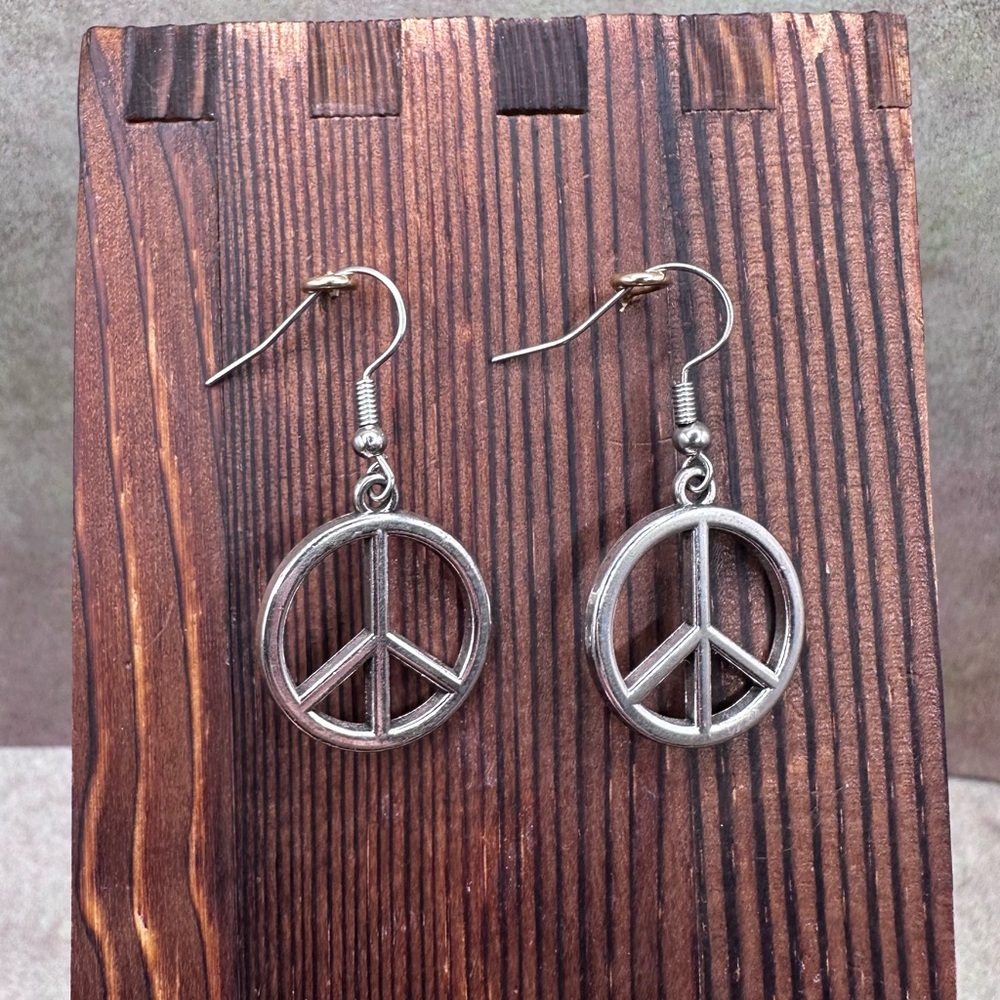 Nickel Free Silver Peace Sign Dangle Earrings - Picture 6 of 6